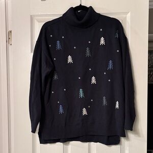 Christopher & Banks Navy Turtleneck Sweater with White and Blue Tree Motif